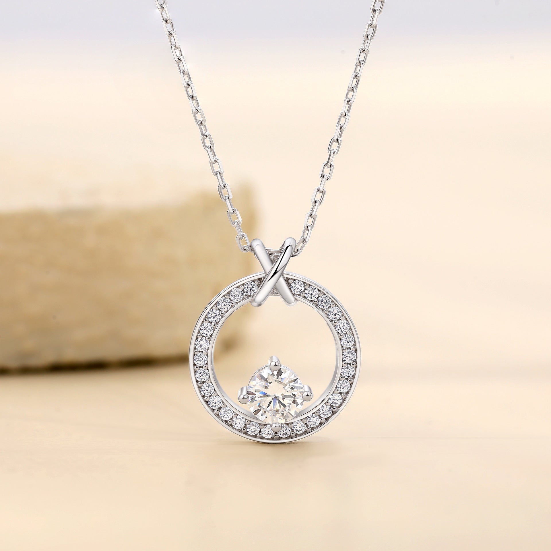 S925 Silver Round Zircon Pendant Necklace Women European American Light Luxury Design