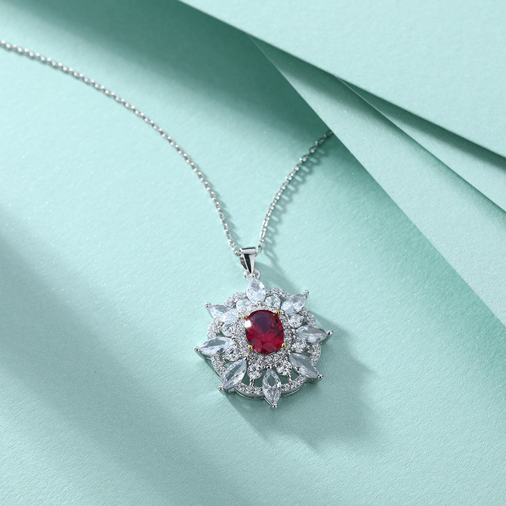 S925 Silver Ruby Zircon Pendant Sunflower Star Necklace Women High-End Clavicle Chain