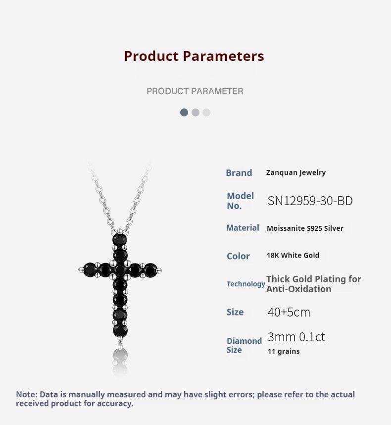 S925 Silver Women’s Dark Cross Black Moissanite Necklace Light Luxury Niche Simple Collarbone Chain