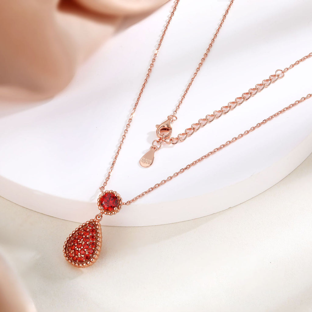 Rose Gold S925 Red Zircon Drop Pendant Necklace