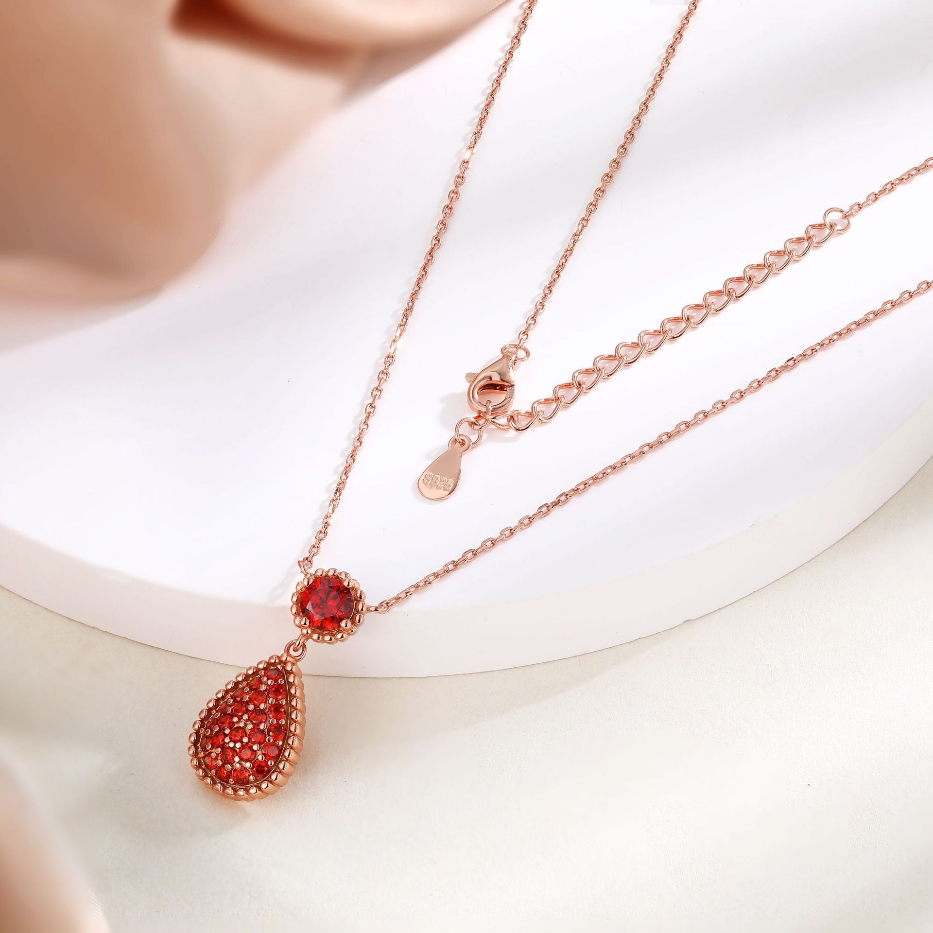 Rose Gold S925 Red Zircon Drop Pendant Necklace