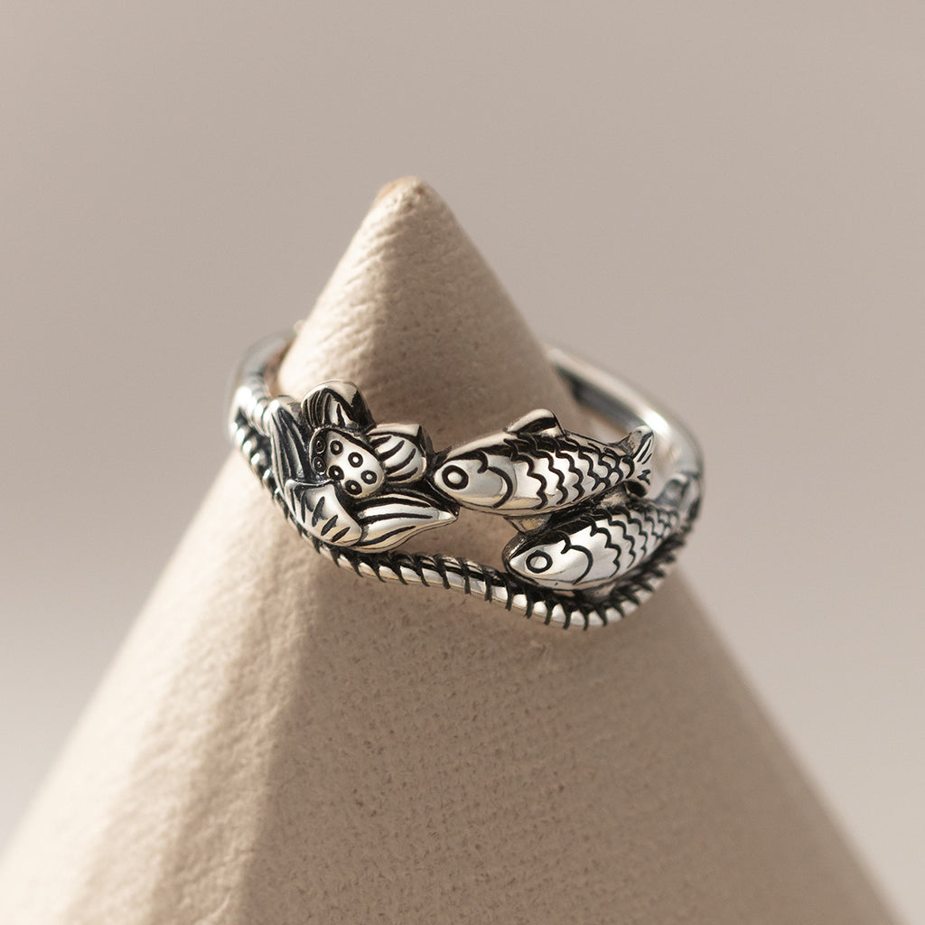 s925Pure Silver Thai Silver National Style Lotus Koi Ring Vintage Distressed Temperament Index Finger Ring R00886