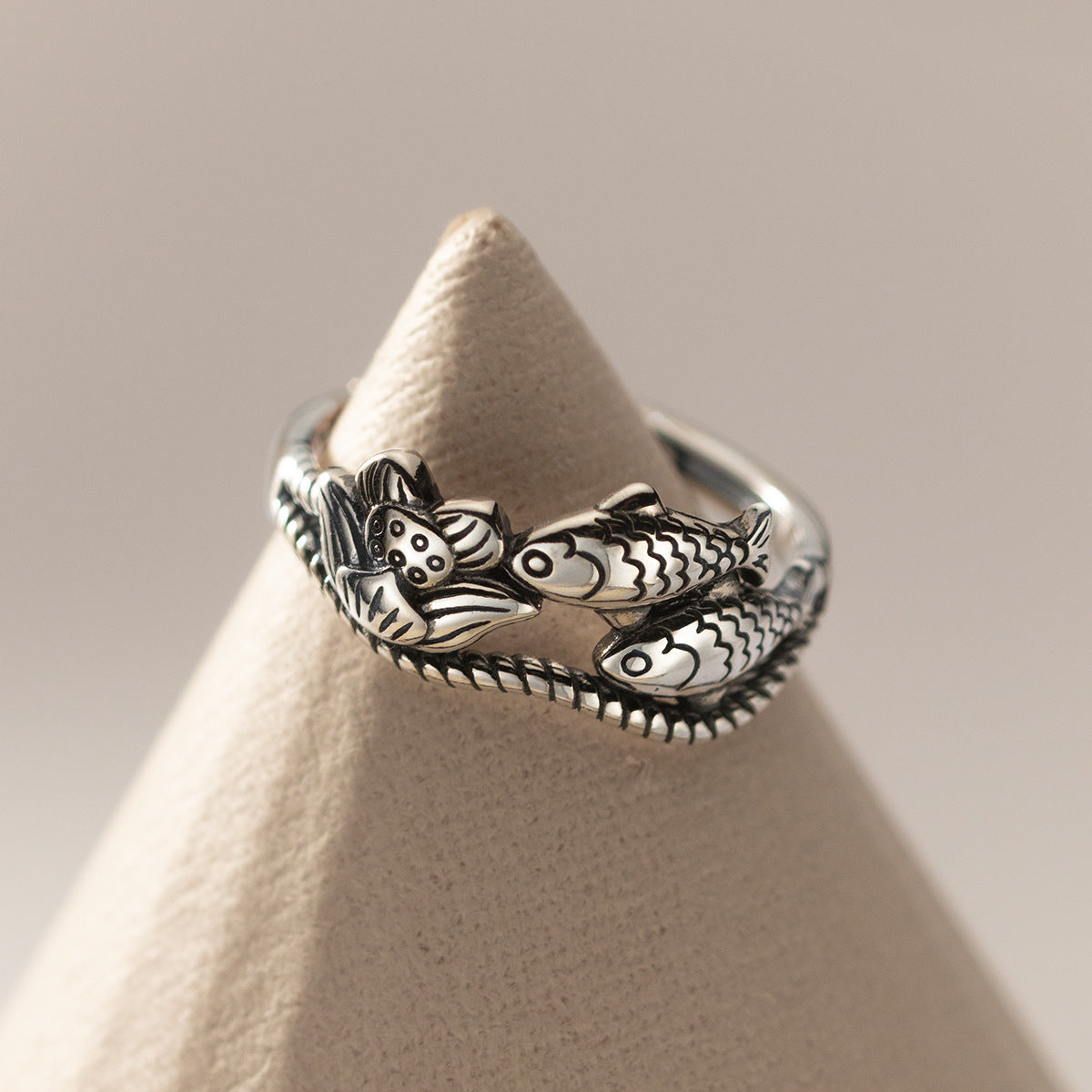 s925Pure Silver Thai Silver National Style Lotus Koi Ring Vintage Distressed Temperament Index Finger Ring R00886