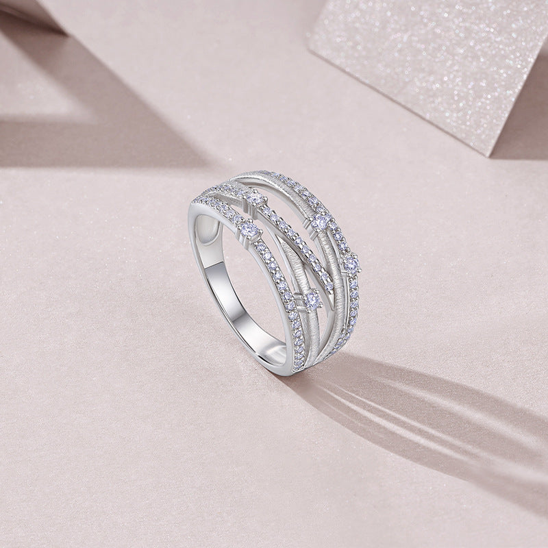 Cross-Border Hot Sale Brushed Silver Ring Hollow Cross Stacking Ring s925Silver Light Luxury High-End Jewelry Moissanite Ring