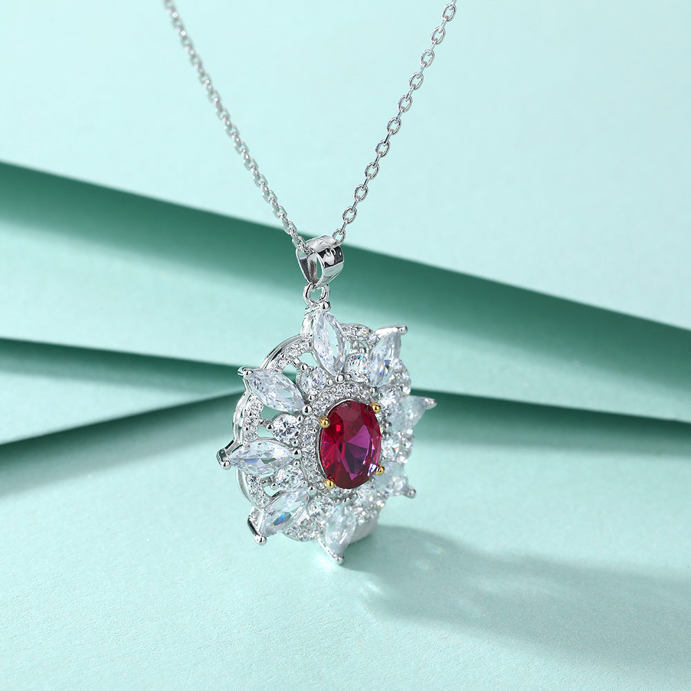 S925 Silver Ruby Zircon Pendant Sunflower Star Necklace Women High-End Clavicle Chain