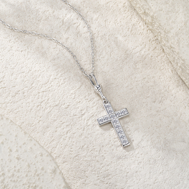 S925 Silver Women’s Cross Moissanite Pendant Necklace Simple Luxury High-End Hot-Selling Collarbone Chain