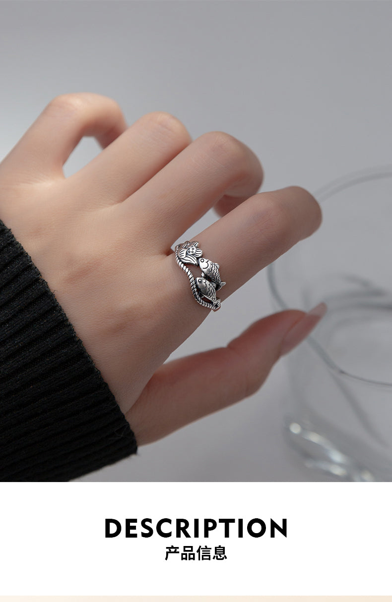 s925Pure Silver Thai Silver National Style Lotus Koi Ring Vintage Distressed Temperament Index Finger Ring R00886