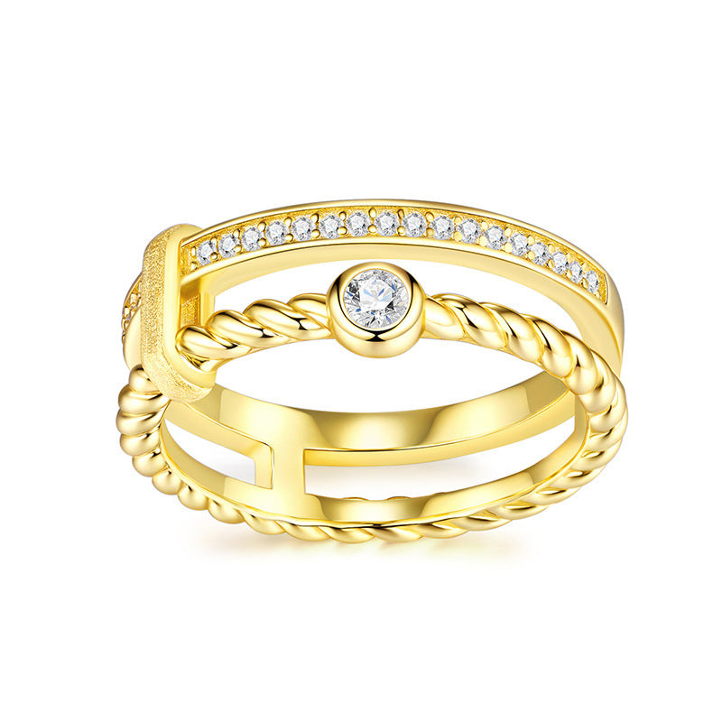 S925 Gold Rope Twist Moissanite Ring Women Korean Japanese Fashion