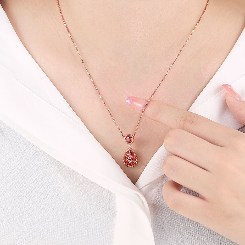 Rose Gold S925 Red Zircon Drop Pendant Necklace