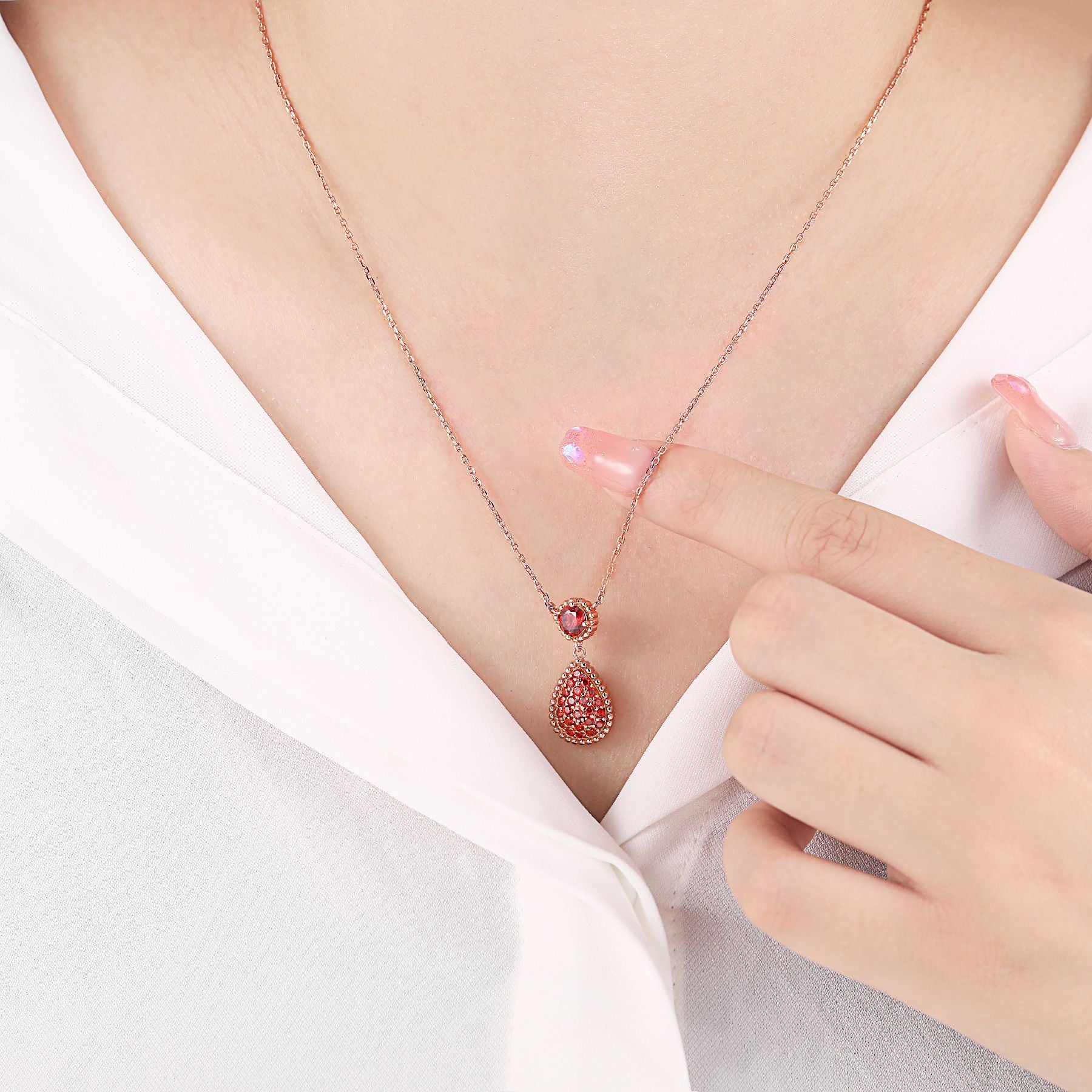 Rose Gold S925 Red Zircon Drop Pendant Necklace