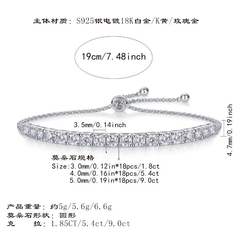 S925 Silver Sparkling Moissanite Tennis Bracelet Adjustable Simple Luxury Versatile Fashion