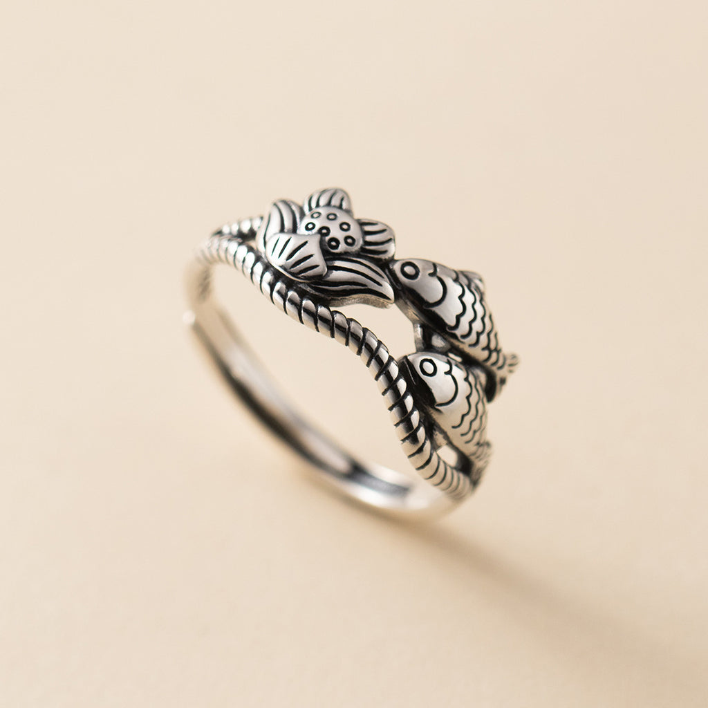 s925Pure Silver Thai Silver National Style Lotus Koi Ring Vintage Distressed Temperament Index Finger Ring R00886