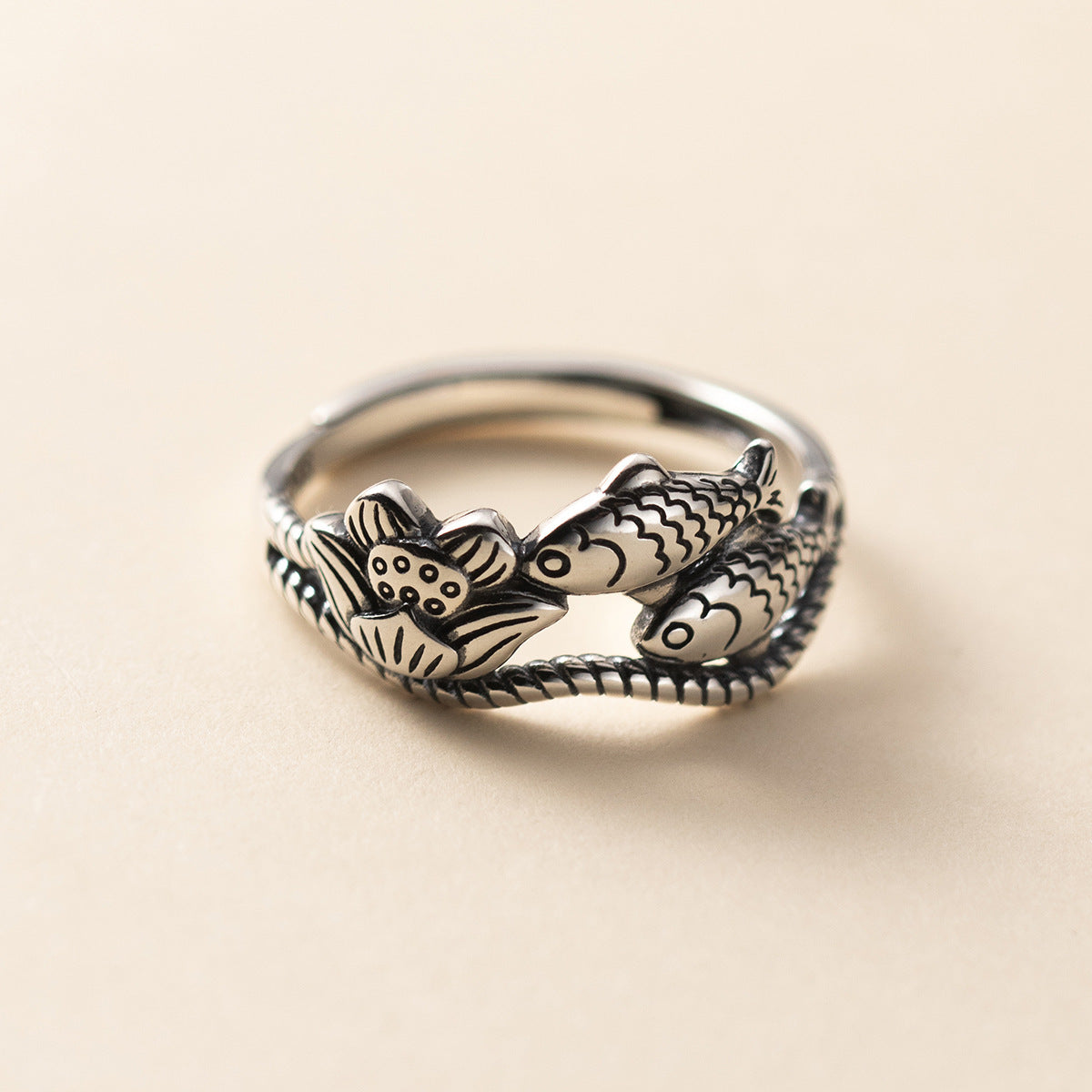 s925Pure Silver Thai Silver National Style Lotus Koi Ring Vintage Distressed Temperament Index Finger Ring R00886