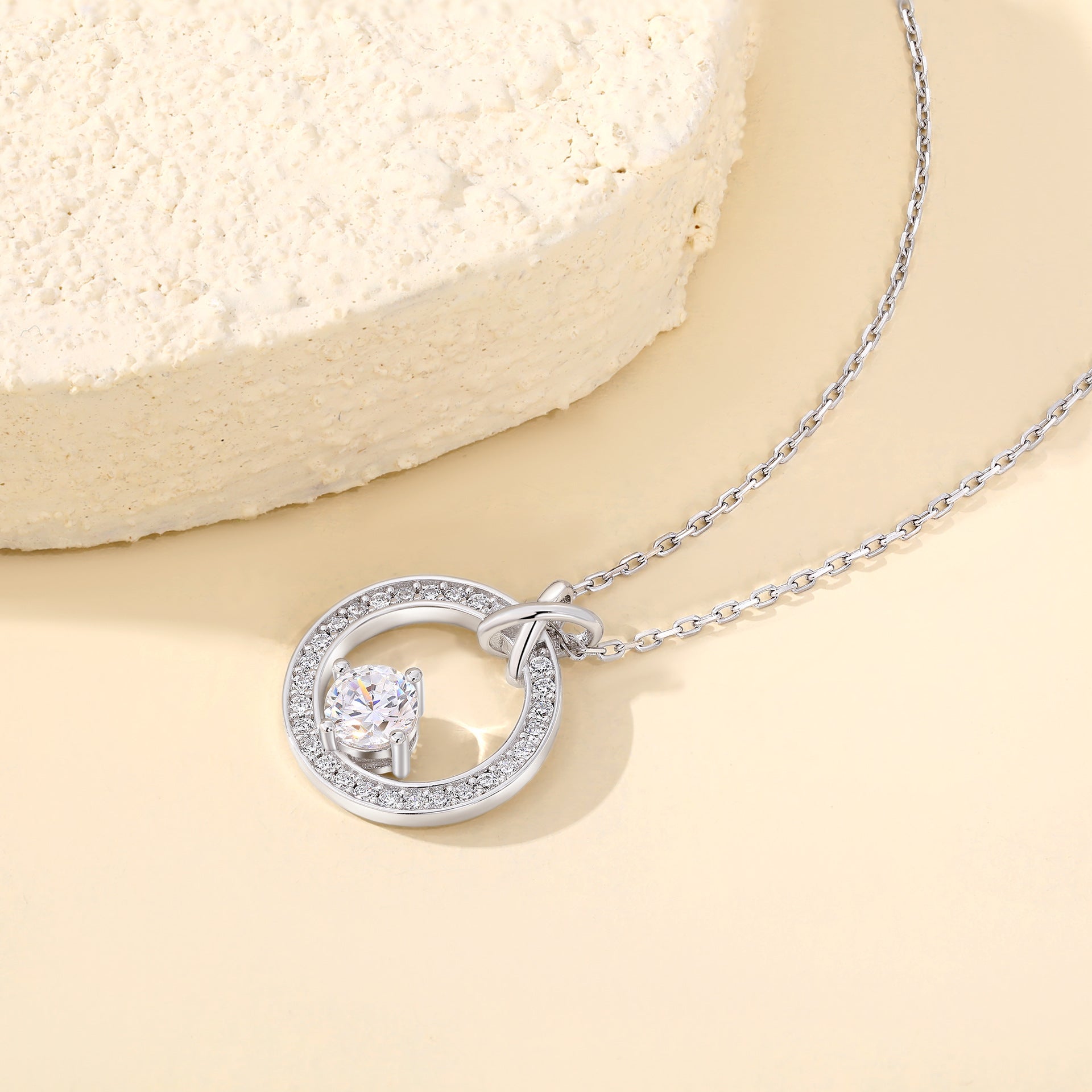 S925 Silver Round Zircon Pendant Necklace Women European American Light Luxury Design