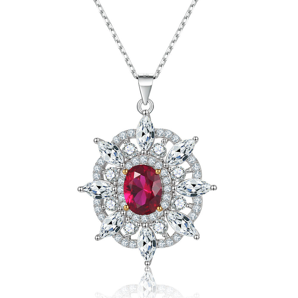 S925 Silver Ruby Zircon Pendant Sunflower Star Necklace Women High-End Clavicle Chain