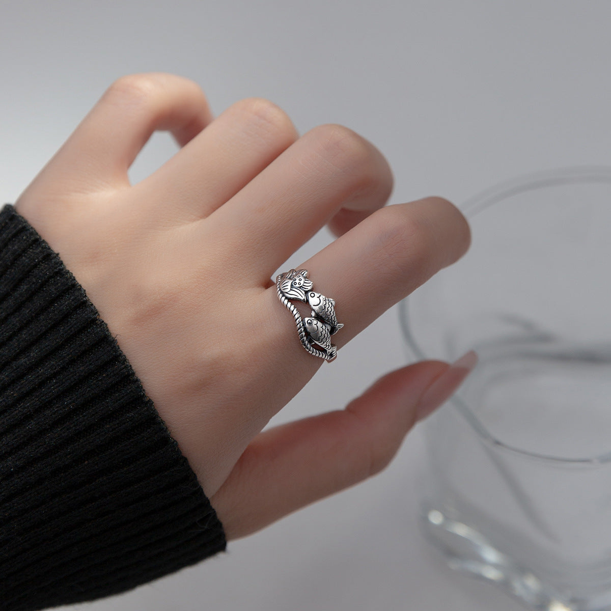 s925Pure Silver Thai Silver National Style Lotus Koi Ring Vintage Distressed Temperament Index Finger Ring R00886