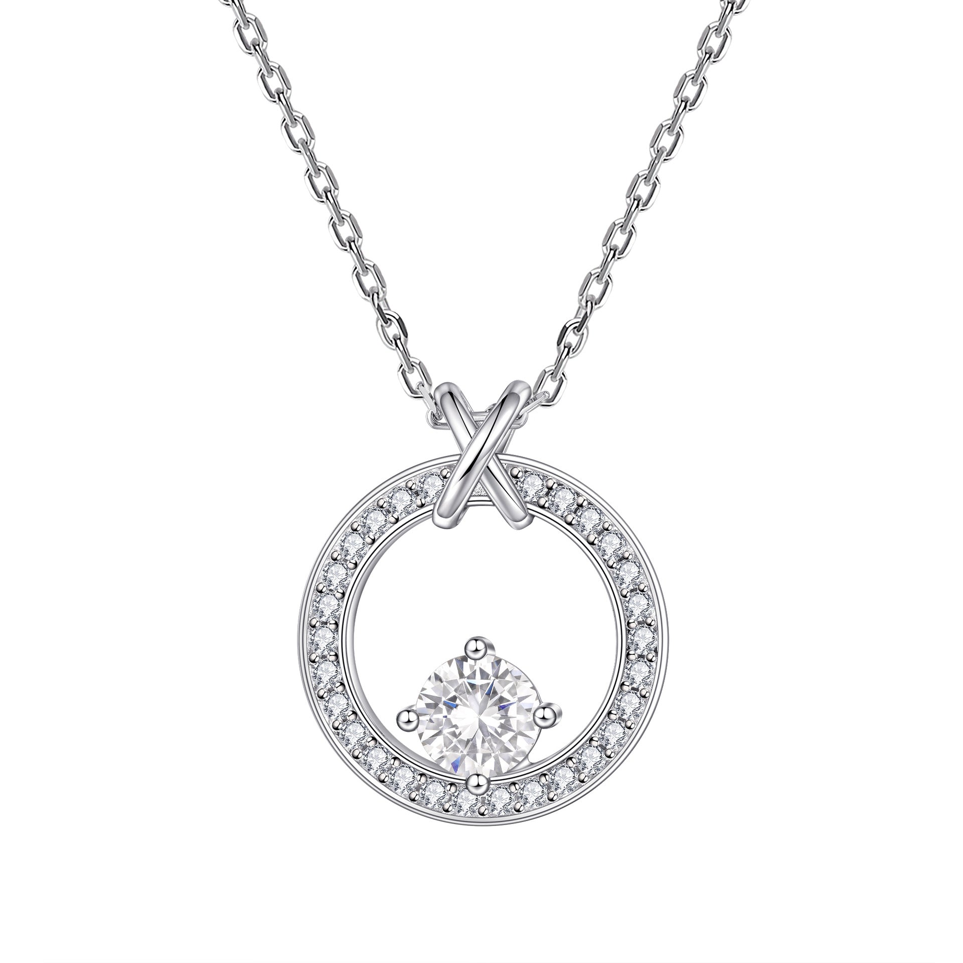 S925 Silver Round Zircon Pendant Necklace Women European American Light Luxury Design