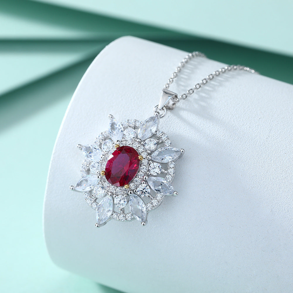 S925 Silver Ruby Zircon Pendant Sunflower Star Necklace Women High-End Clavicle Chain