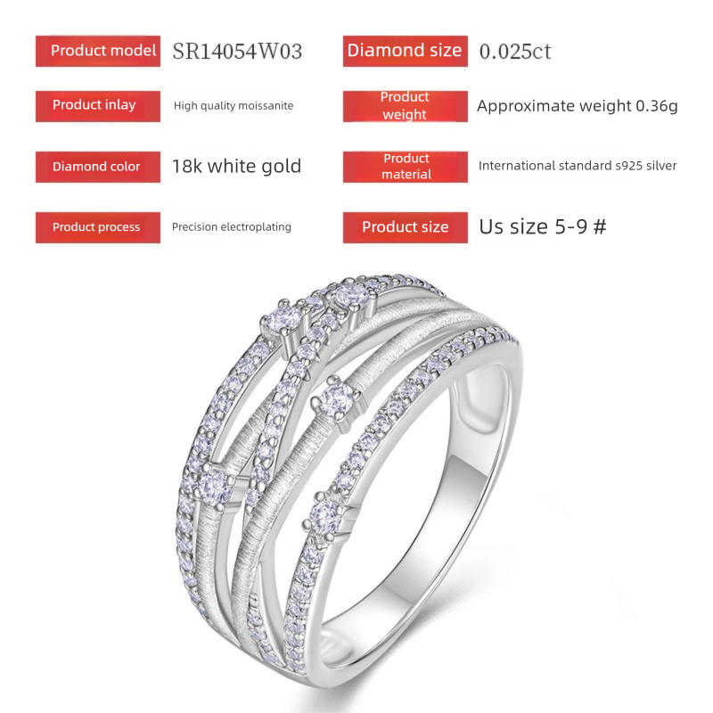 Cross-Border Hot Sale Brushed Silver Ring Hollow Cross Stacking Ring s925Silver Light Luxury High-End Jewelry Moissanite Ring
