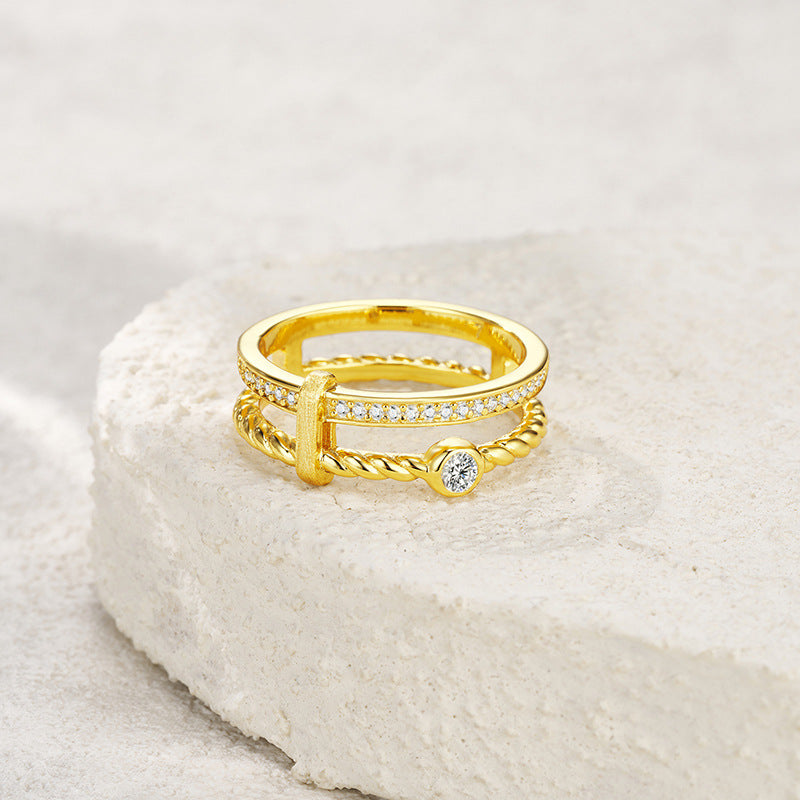 S925 Gold Rope Twist Moissanite Ring Women Korean Japanese Fashion