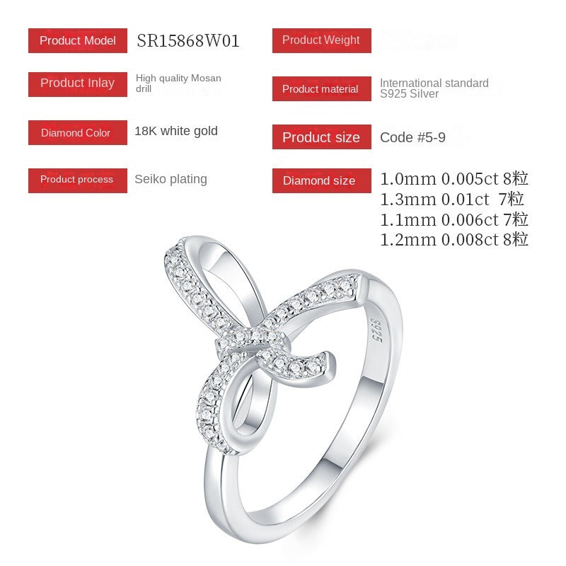 S925 Silver Women’s Bowknot Moissanite Ring Light Luxury High-End Diamond-encrusted Cross-Border Hot Sale