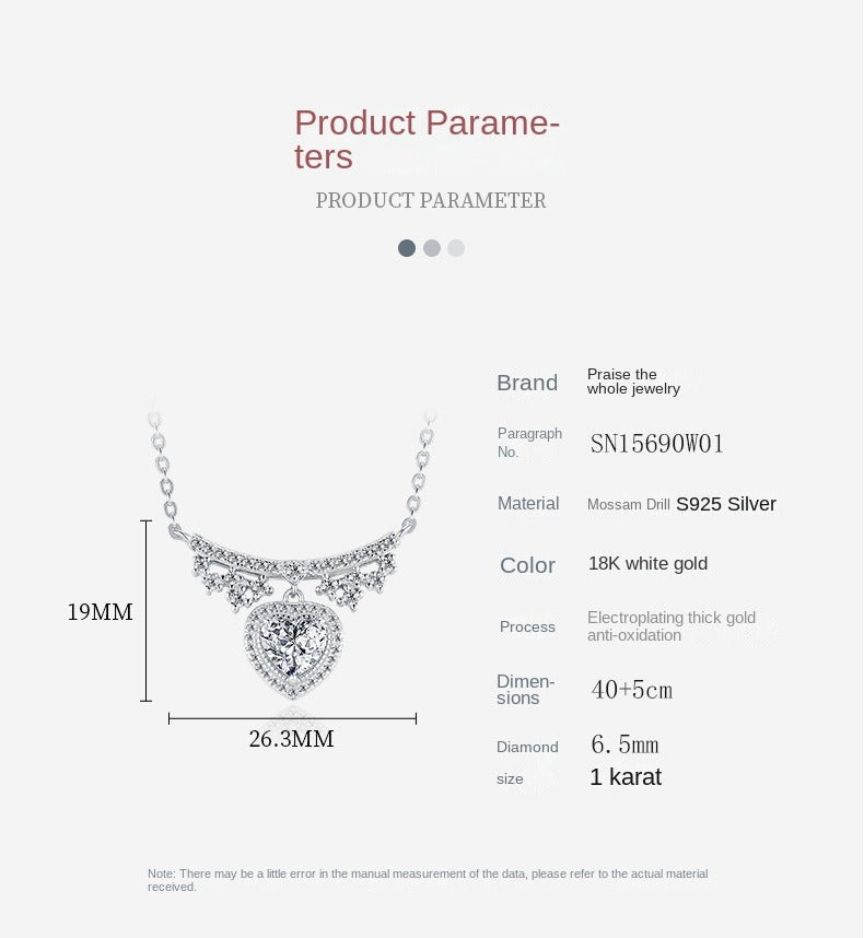 S925 Silver Women’s Heart-Shaped Moissanite Necklace Princess Collarbone Chain Light Luxury Niche Jewelry