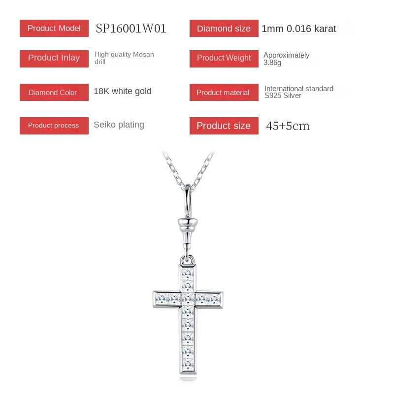 S925 Silver Women’s Cross Moissanite Pendant Necklace Simple Luxury High-End Hot-Selling Collarbone Chain