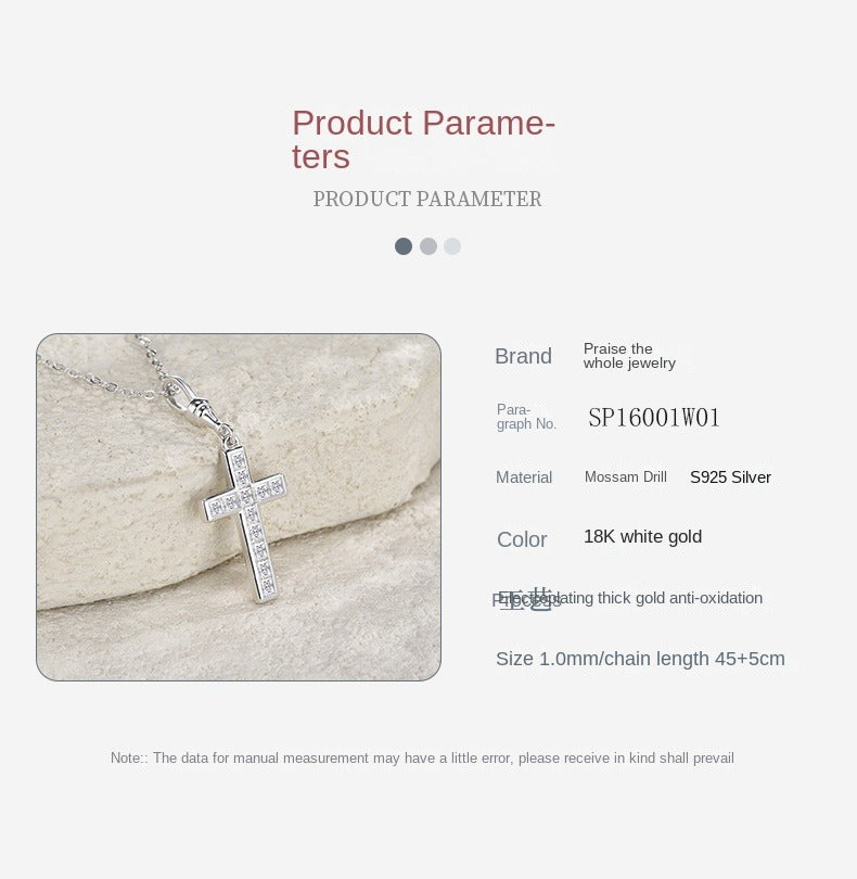 S925 Silver Women’s Cross Moissanite Pendant Necklace Simple Luxury High-End Hot-Selling Collarbone Chain