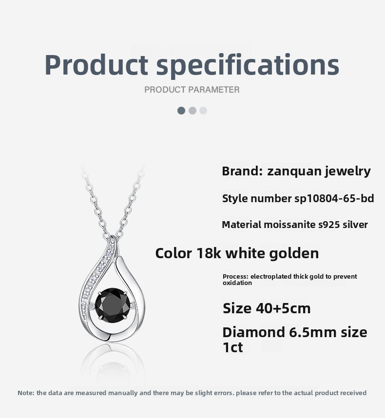 S925 Silver Women’s 1Ct Black Moissanite Dynamic Teardrop Necklace Light Luxury Collarbone Chain