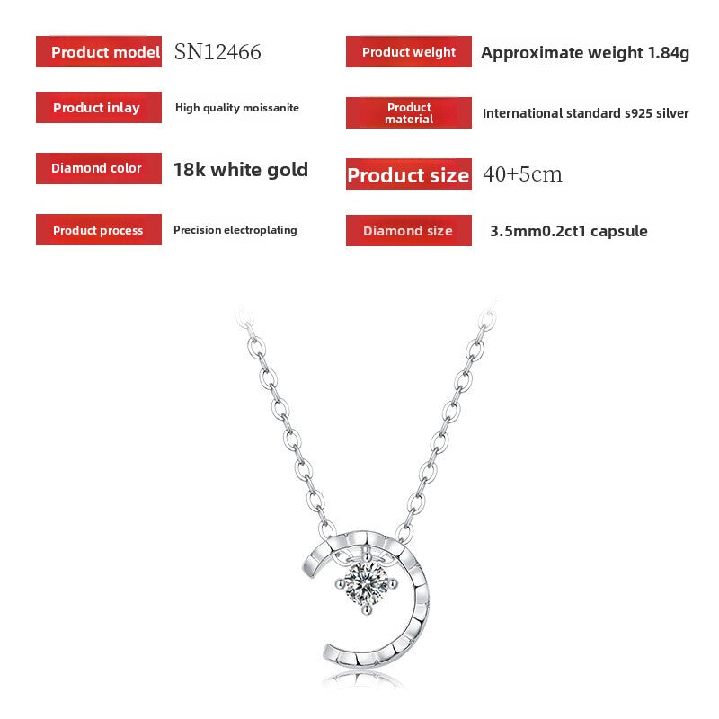 S925 Silver 18K Plated Moon Star C Pendant Necklace Women Light Luxury Minimalist Moissanite