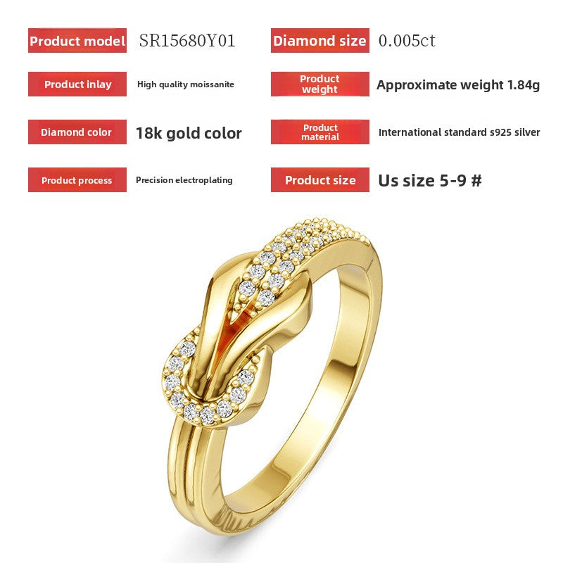 S925 Silver Gold Bowknot Moissanite Ring Women Light Luxury Simple Cross-Border Personalized Ring