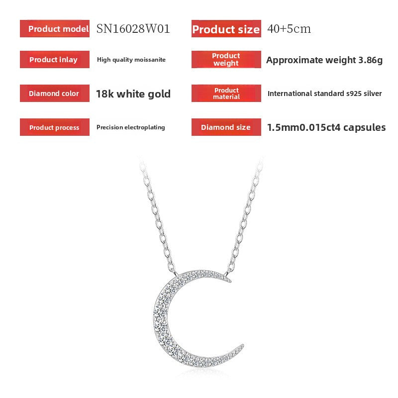 S925 Silver Women’s Moon Moissanite Collarbone Necklace European American Trend Unique Inlaid Design