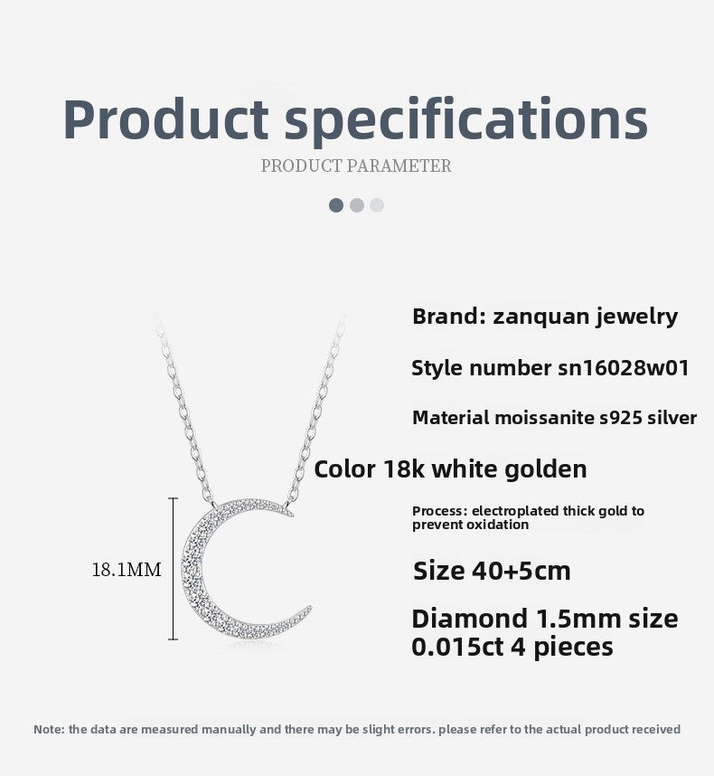 S925 Silver Women’s Moon Moissanite Collarbone Necklace European American Trend Unique Inlaid Design