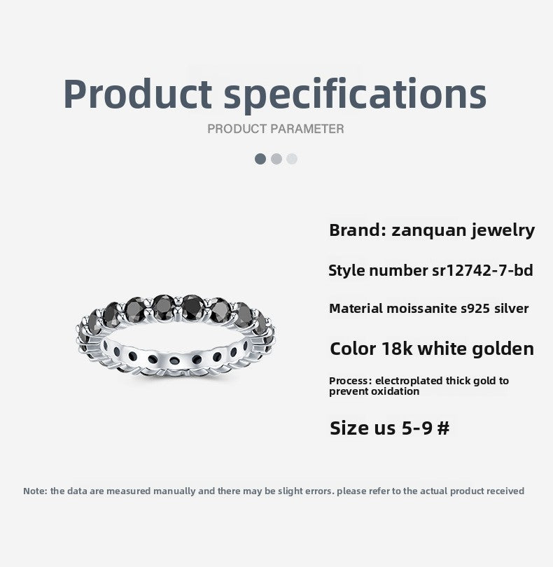 S925 Silver Black Moissanite Ring 18K White Gold Zirconia Light Luxury High-end In Stock